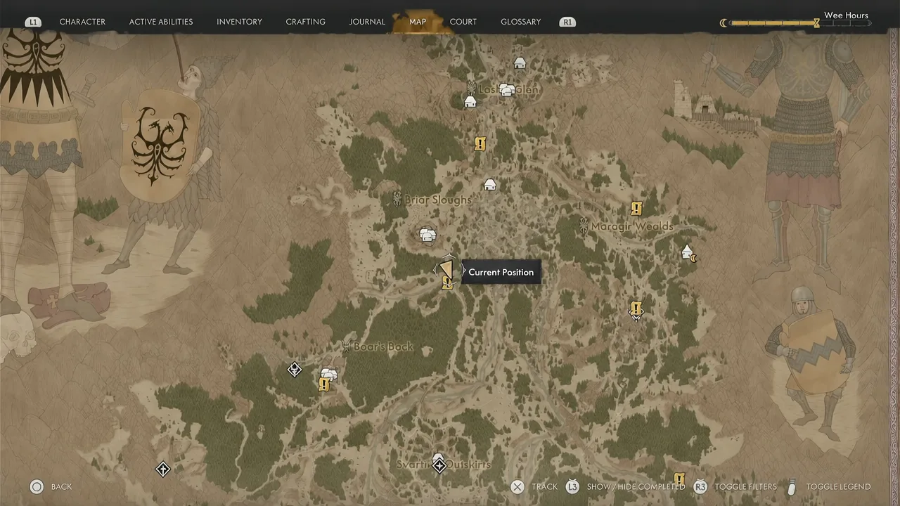 World map open with the Current Position marker showing Coen near the bridge