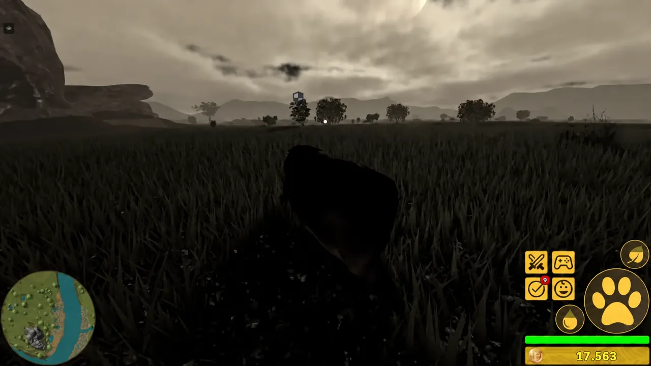 Tall grass on the open plains, with the HUD showing health, hunger and coin totals.