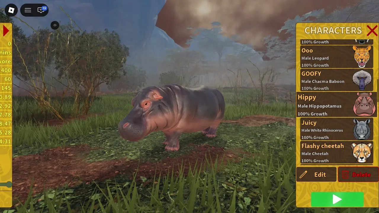 The CHARACTERS menu, where each saved animal and its growth are managed.