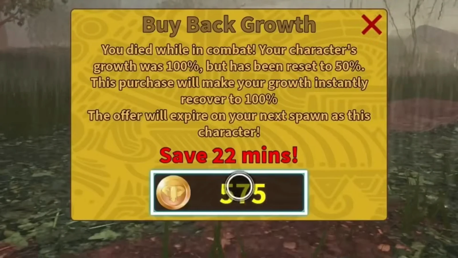 The Buy Back Growth prompt, showing the coin cost and the grow time it skips.