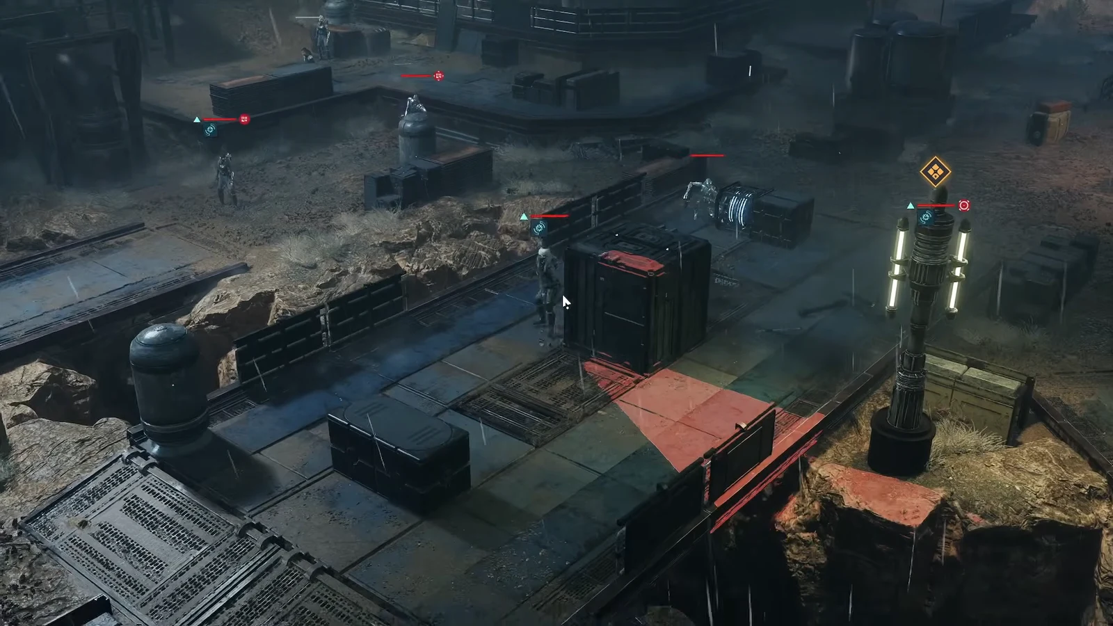 Objective marker glowing on a device in the combat arena with Coil units positioned around it