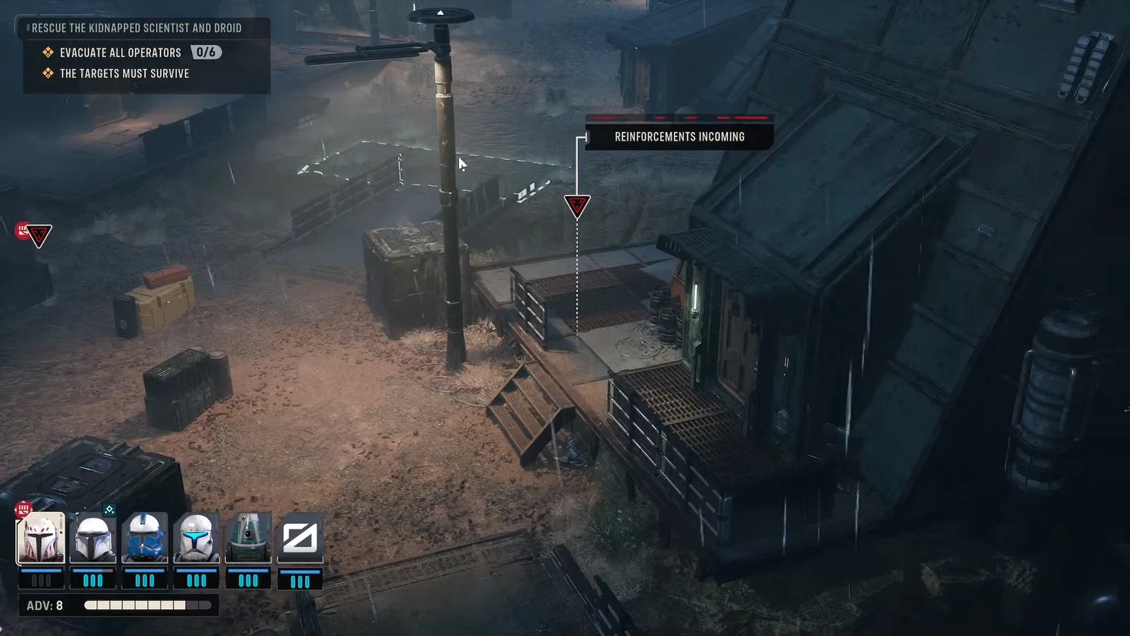 Mission HUD showing the evacuation objective at 0 of 6 operators with reinforcements incoming