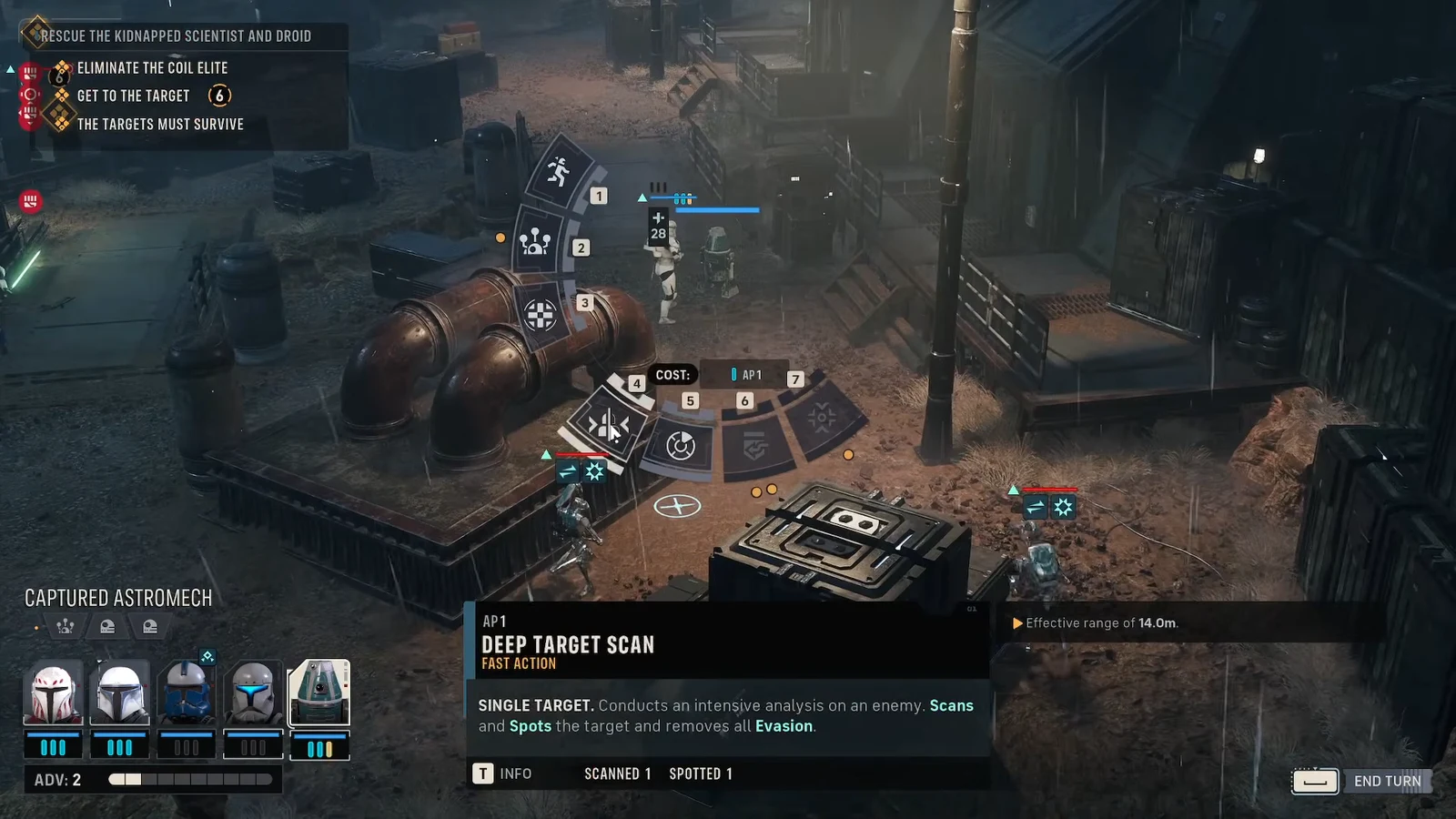 PICO-5 radial menu with Deep Target Scan highlighted at a cost of 1 AP