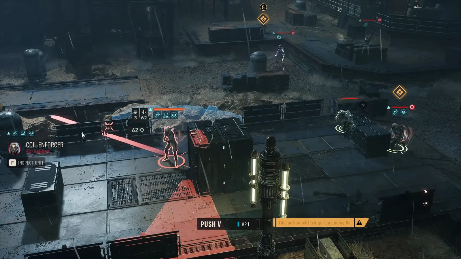 Targeting a Coil Enforcer with the 1 AP Push action, with an overwatch warning shown
