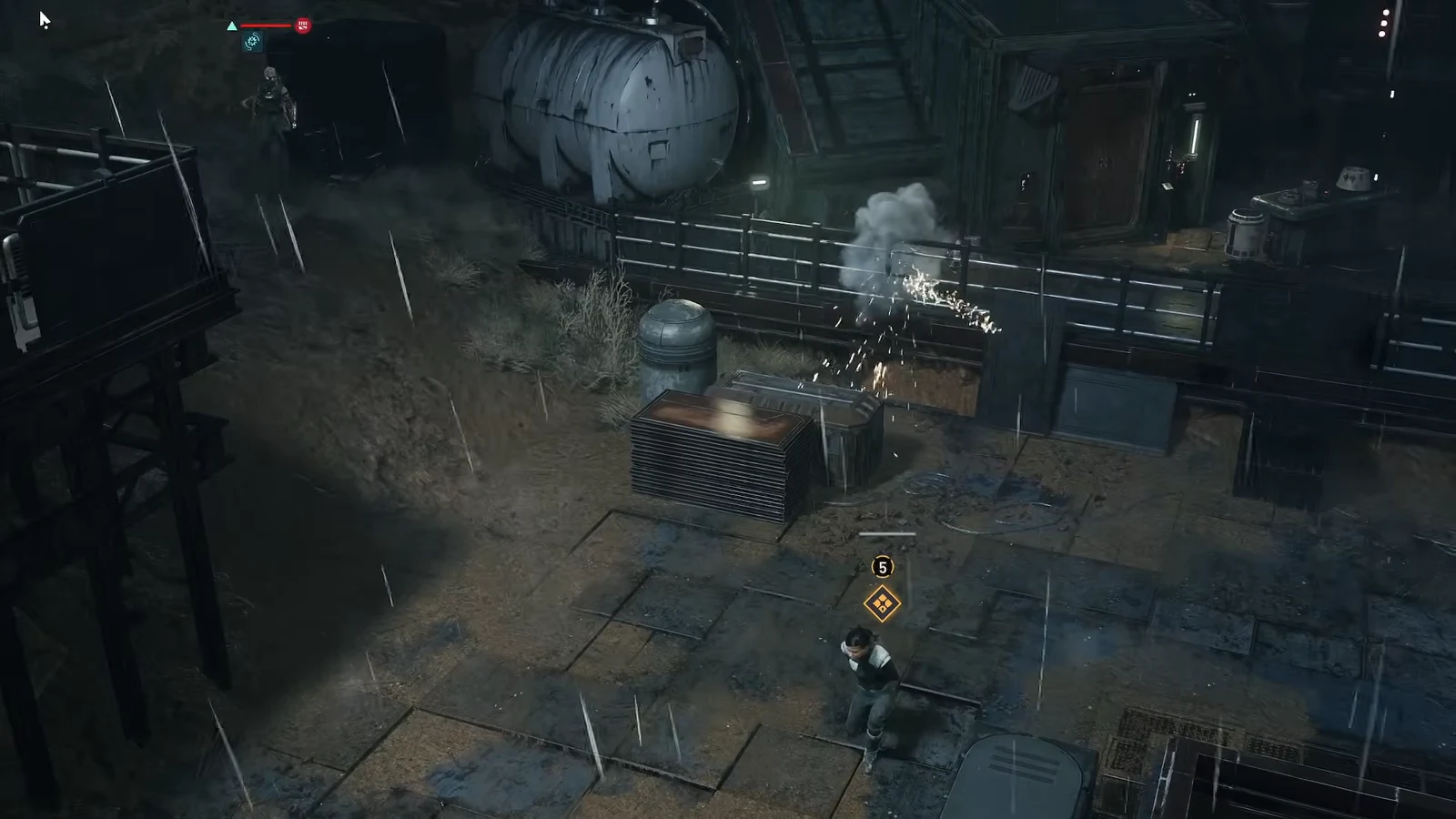 An operator advancing through a rain-soaked industrial area toward the yellow objective marker
