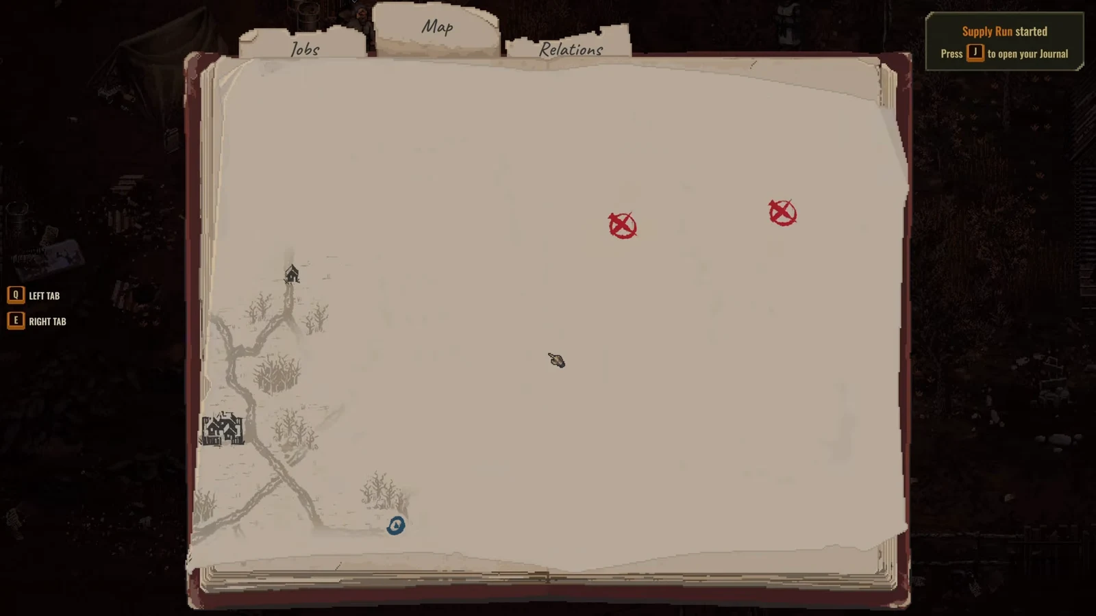 Journal map tab open in Scavland showing the revealed route and marked supply run objectives