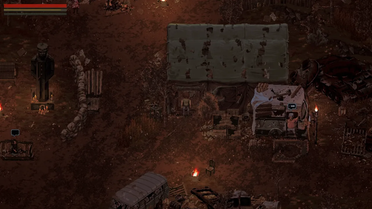 Scavland player character standing beside a tent in the starting camp with NPC speech bubbles nearby