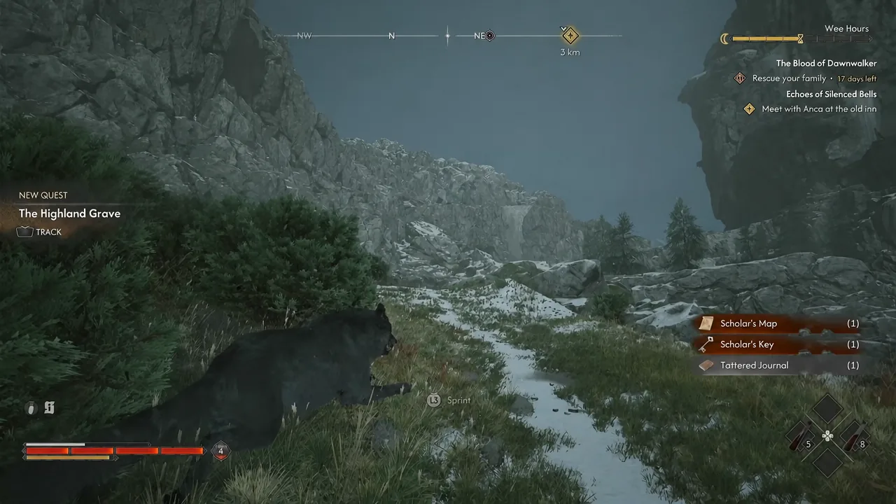 The Highland Grave quest notification appears on the snowy mountain path with a Track option