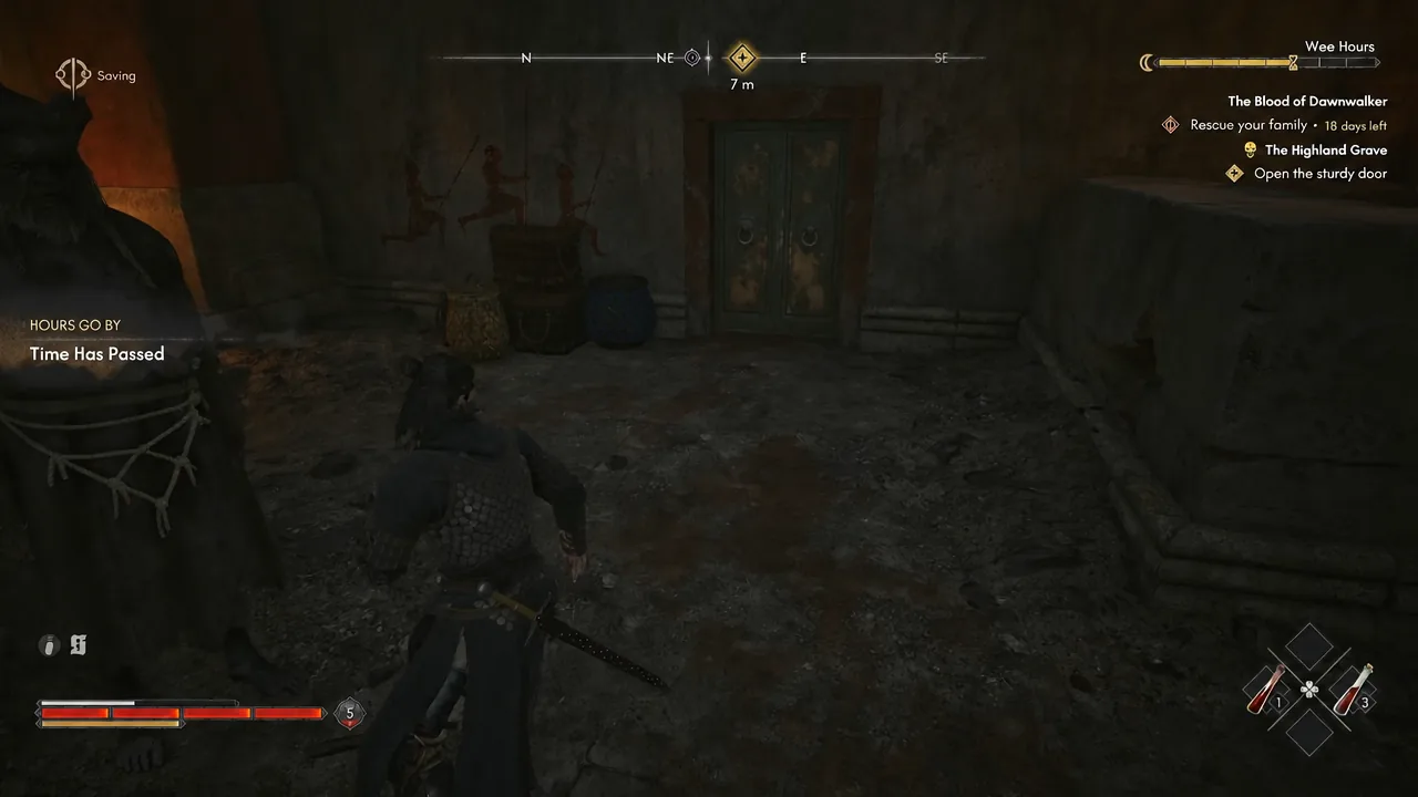 Quest tracker showing the Open the sturdy door objective as Coen approaches the locked door