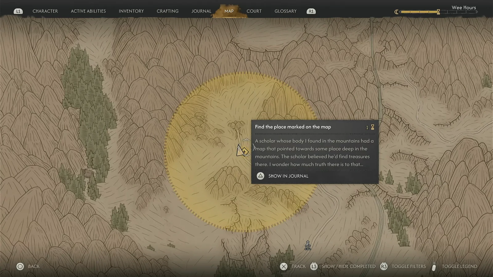 Map screen showing the yellow Highland Grave search area and the find-the-marked-place objective