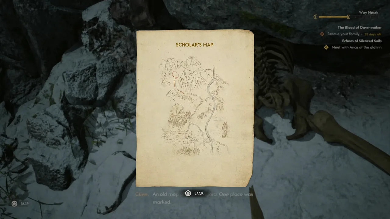 The Scholar's Map open in the inventory viewer with a Back prompt at the bottom