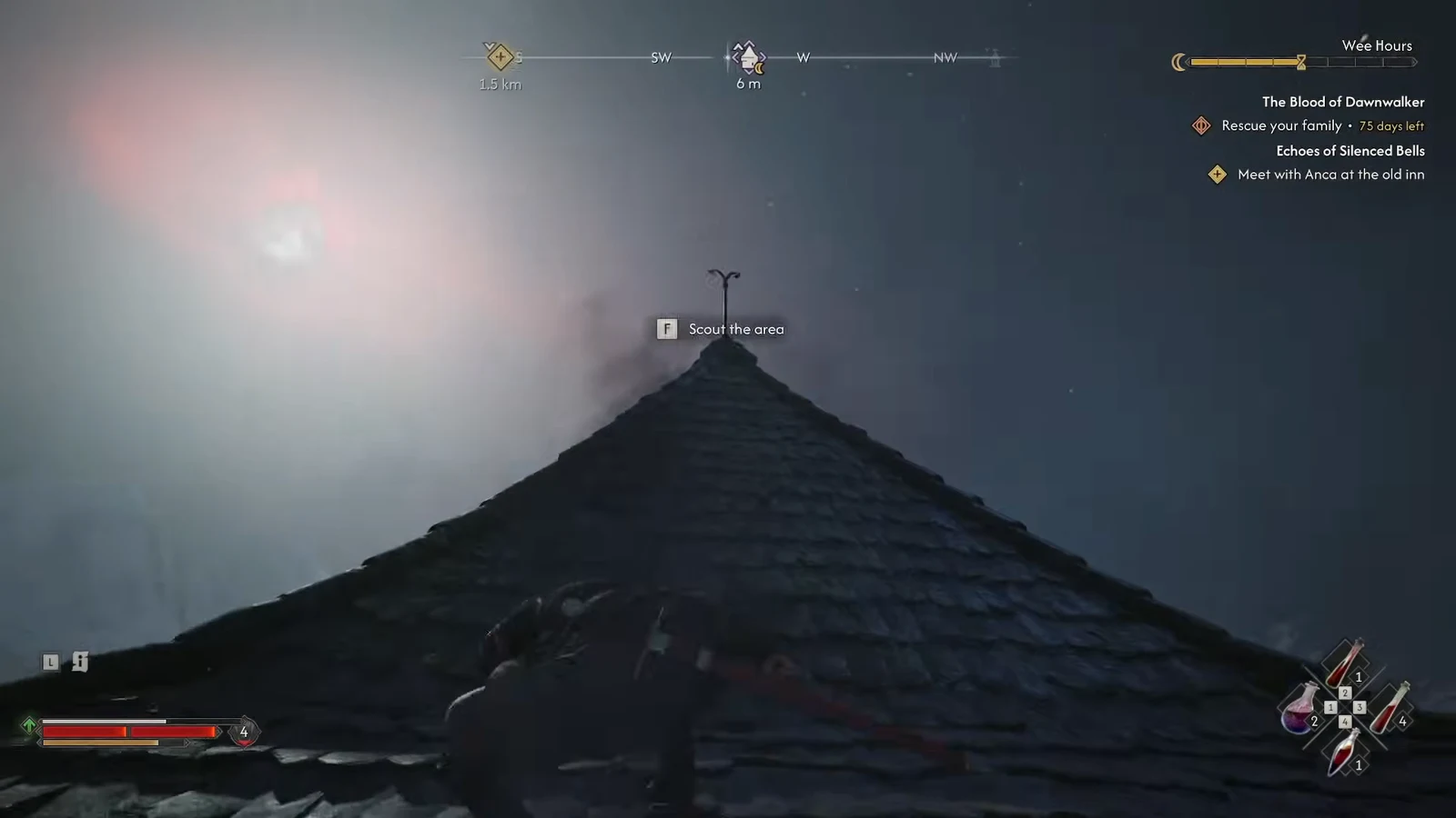 The Scout the area prompt appearing on screen as Coen nears the top of the tower