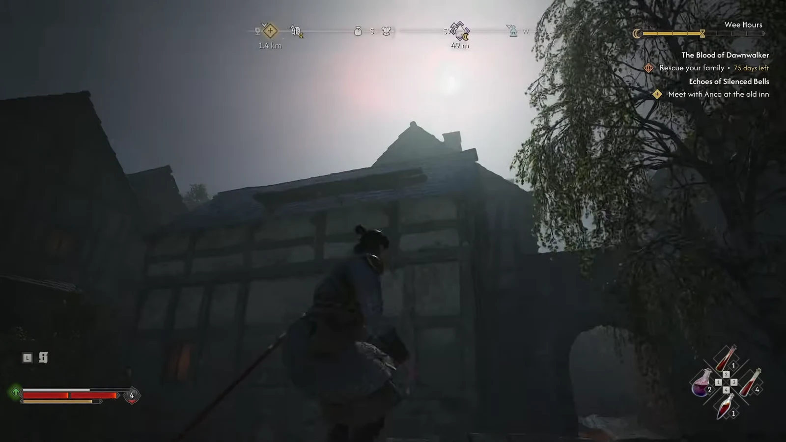 Night-time street in Svartrau City with the Rescue your family objective shown in the quest tracker