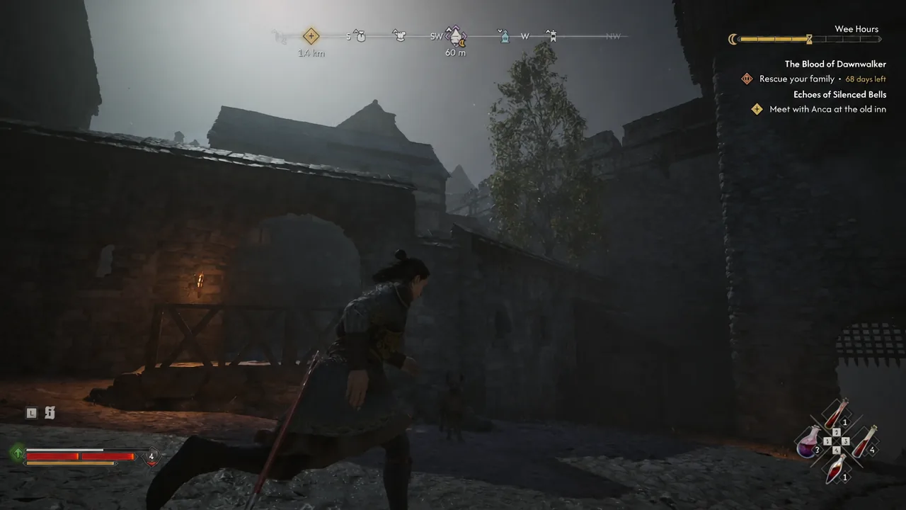 Coen moving through a ruined courtyard near the West Gate with an active quest objective on screen