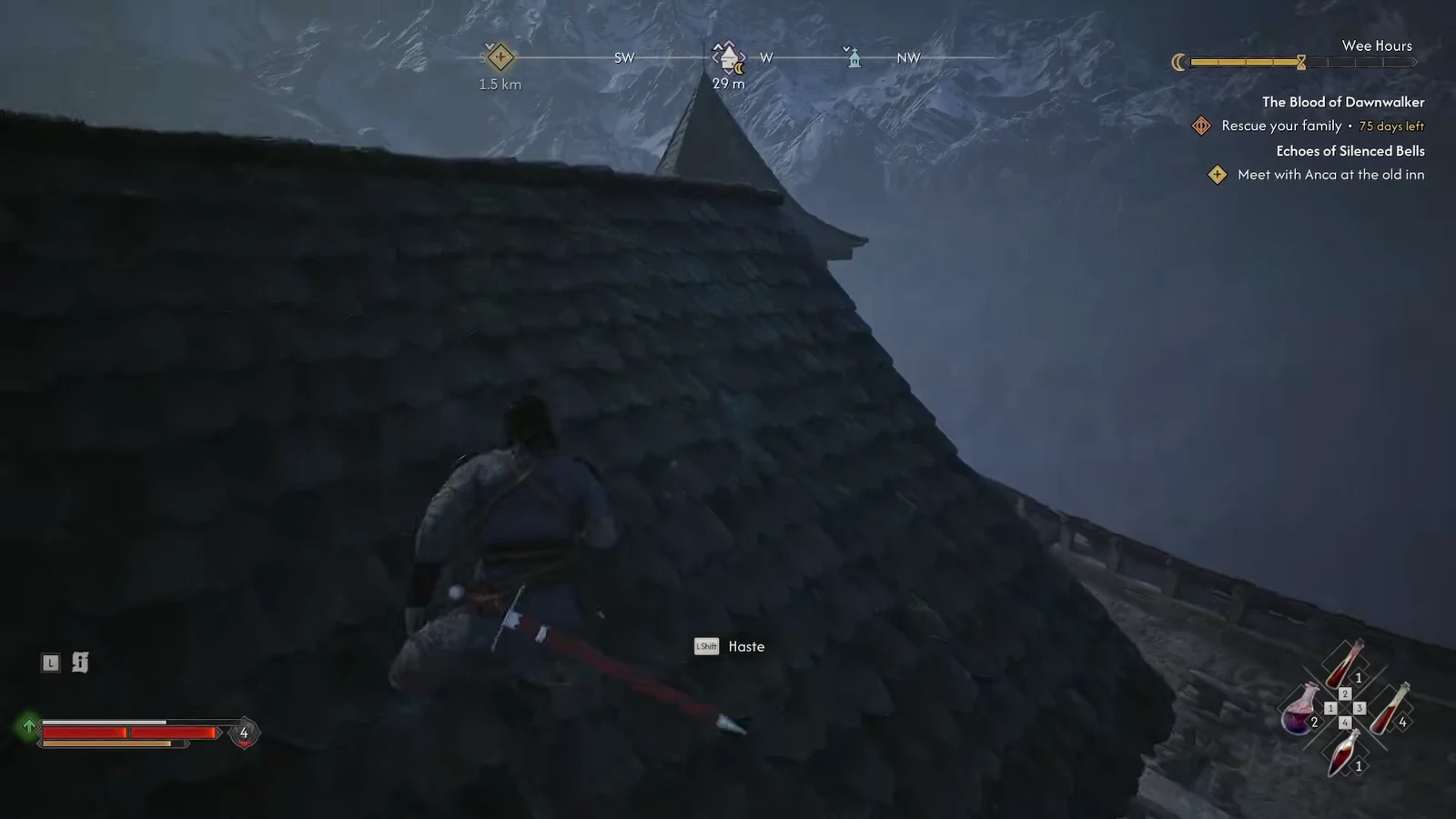 Coen crossing a steep tiled rooftop with the objective marker showing 29 metres remaining