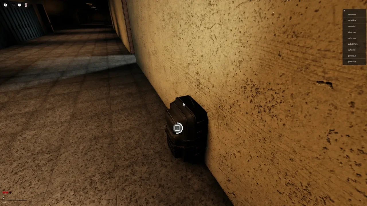 Player pressing the highlighted E button on a black backpack in a school corridor