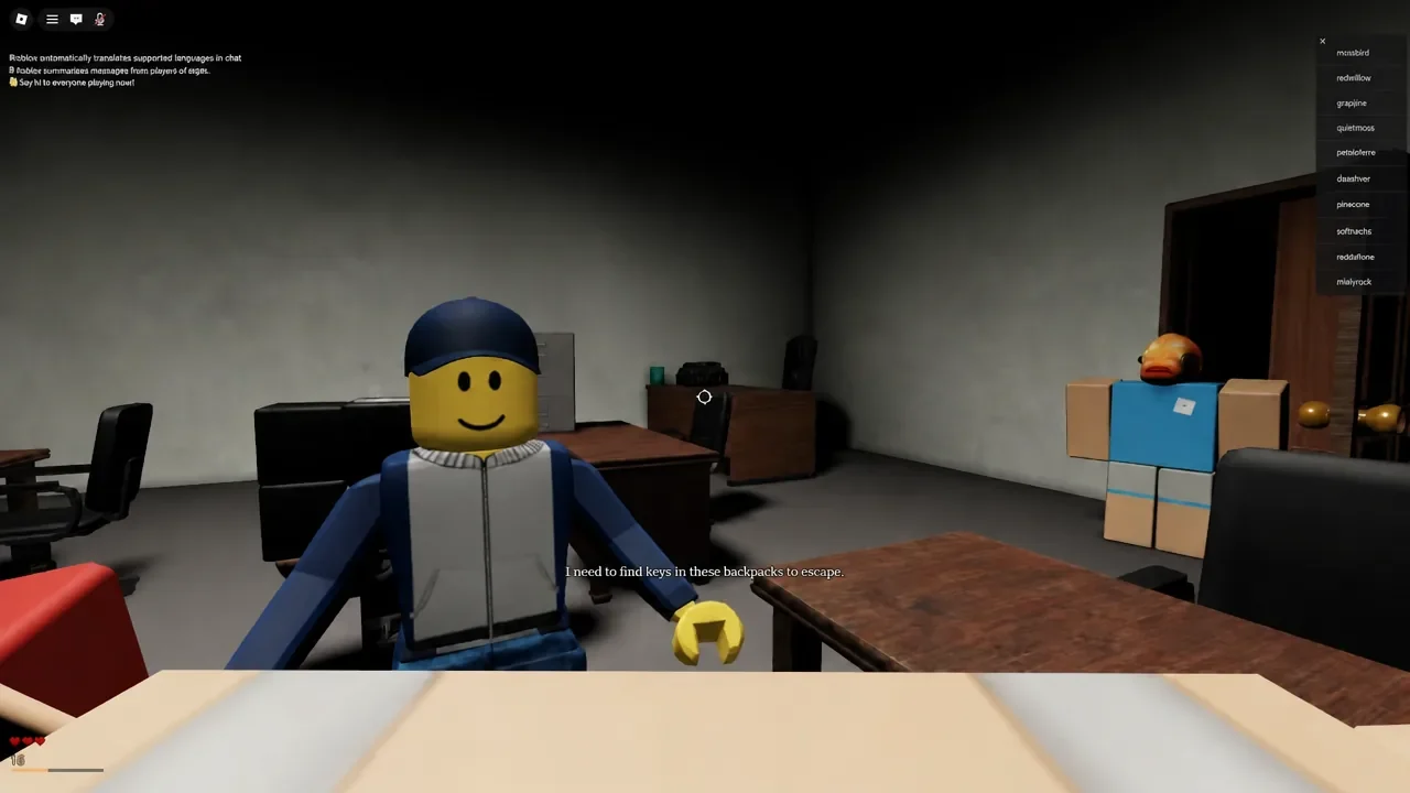 Match start with the on-screen objective telling the player to find keys inside backpacks