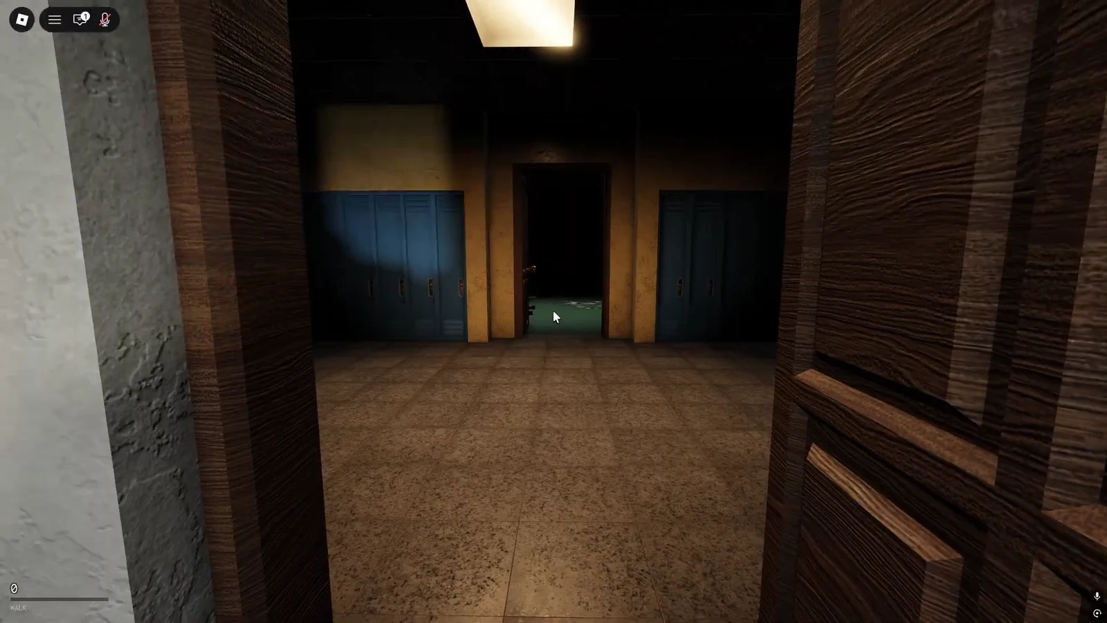 First-person view moving toward a doorway between blue lockers in a dark school hallway