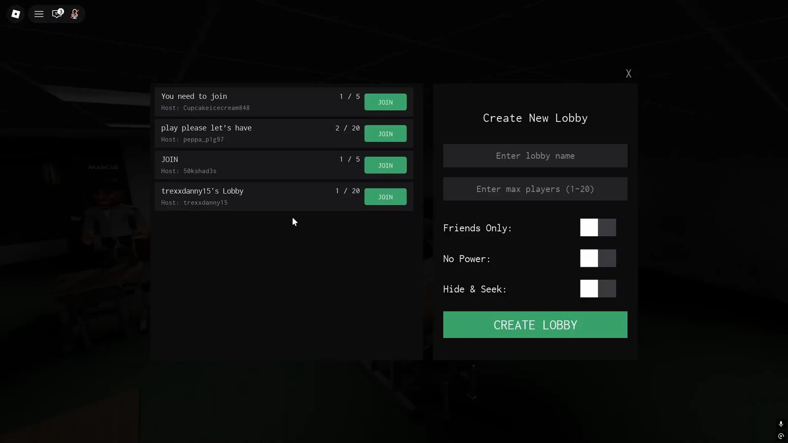 Create New Lobby menu with name field, player limit, mode toggles, and the Create Lobby button