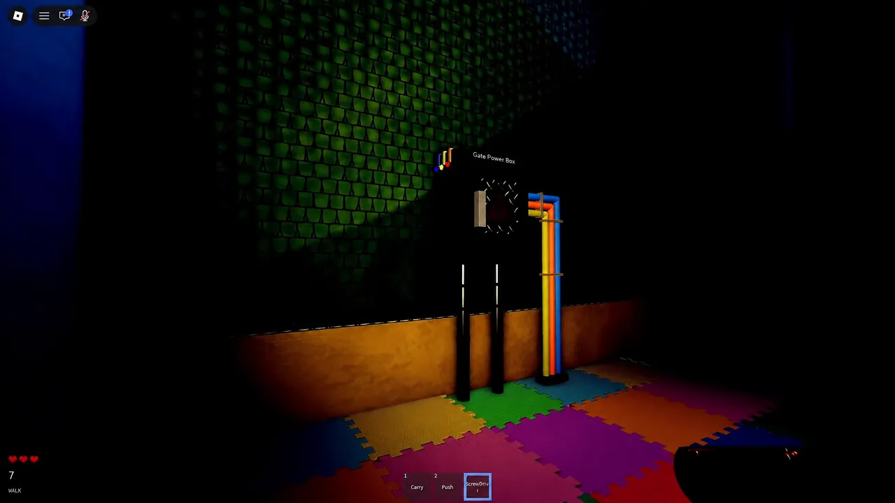 The Screwdriver equipped in the hotbar, ready to interact with the labeled Gate Power Box.