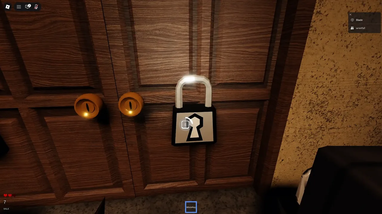 The final padlock on the wooden exit door, highlighted with the interact prompt as the White key opens it.