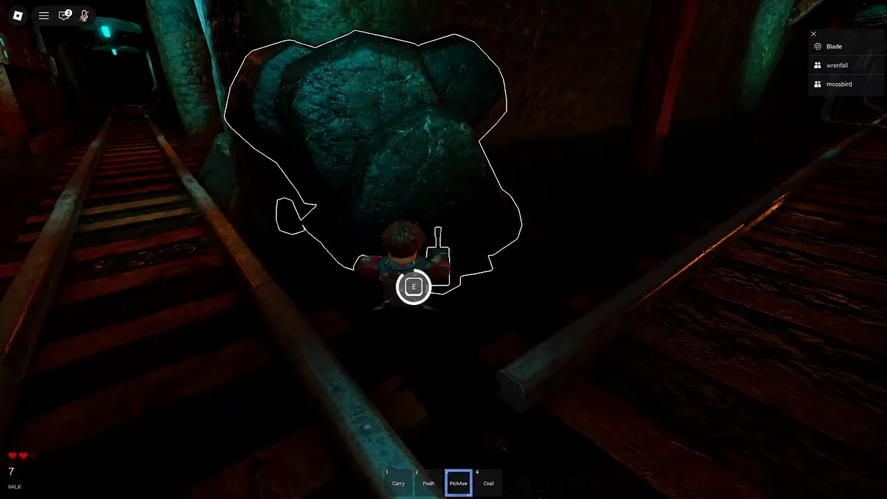 Mining a highlighted coal vein in the tunnel wall raises your coal count toward the furnace requirement.