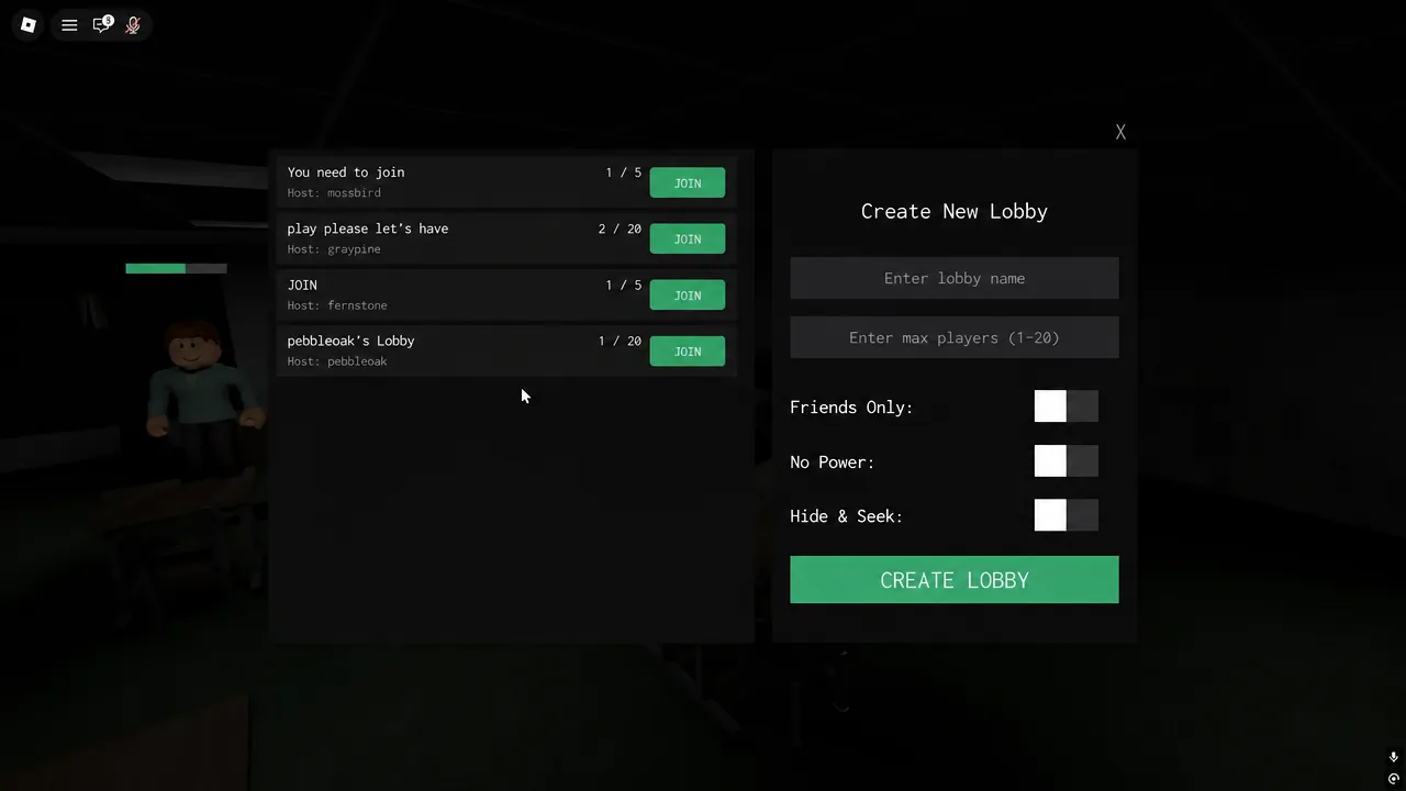 Create New Lobby menu with name field, player limit, mode toggles, and the Create Lobby button