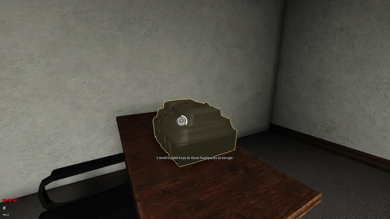 Backpack on the floor with the E interact prompt visible during a Scream And Run key search