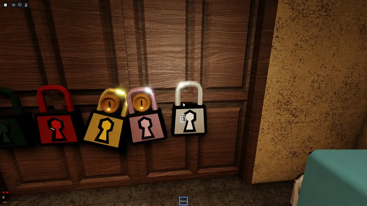 Wooden exit panel in Scream And Run with several colored padlocks and the white lock highlighted