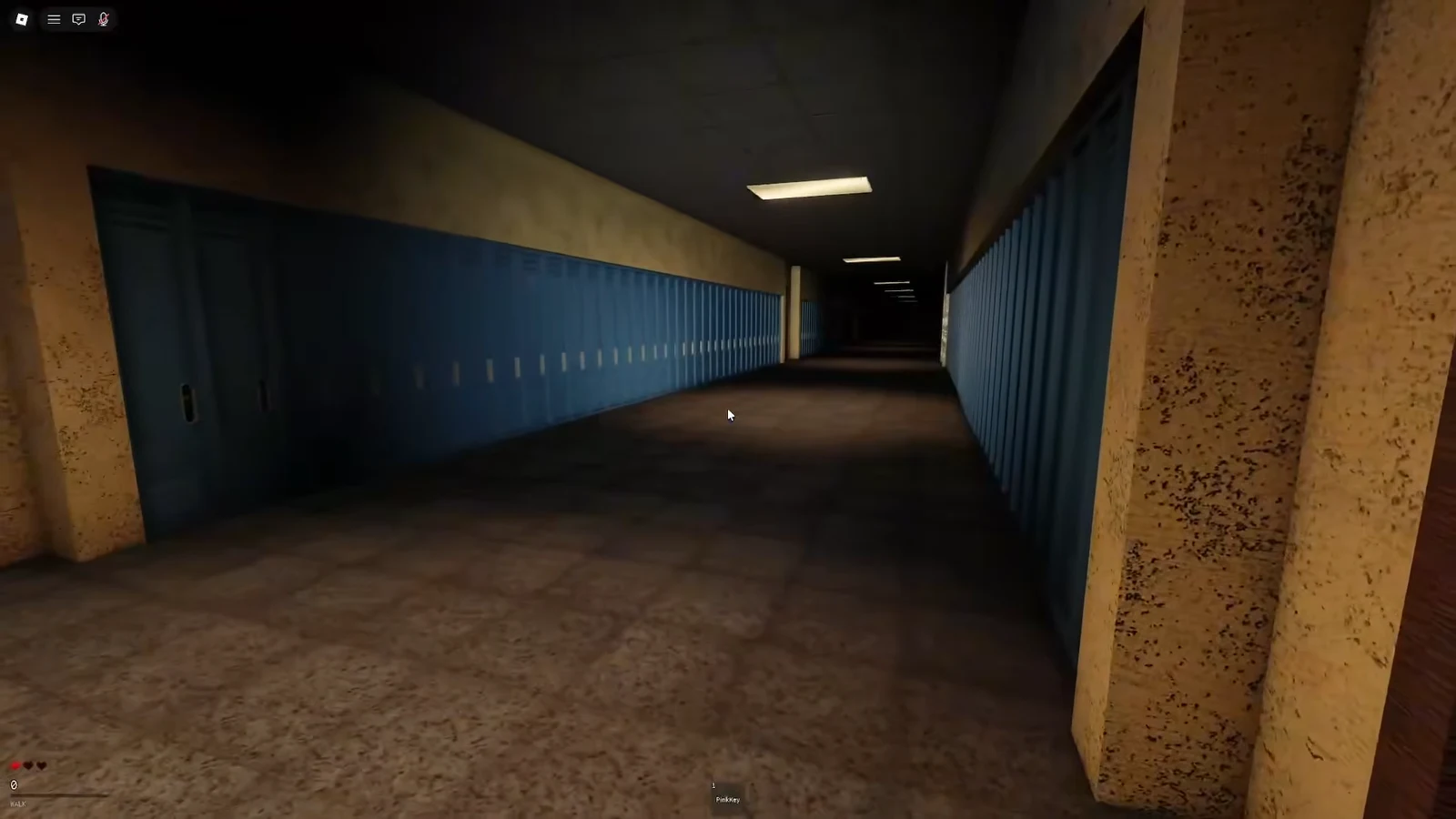 Dim school hallway lined with blue lockers as the player carries the pink key in Scream And Run