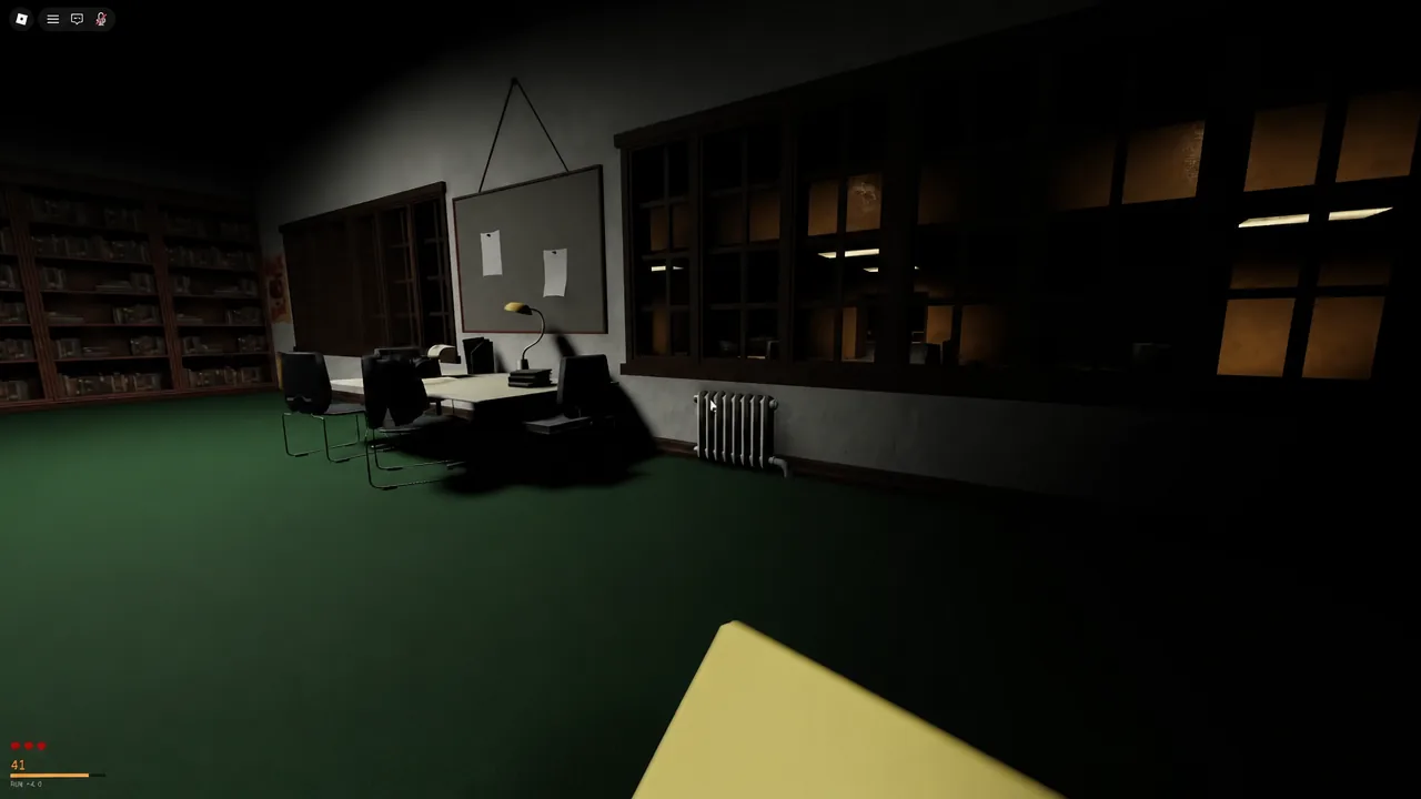 Dark library meeting room in Scream And Run with the player holding a yellow item