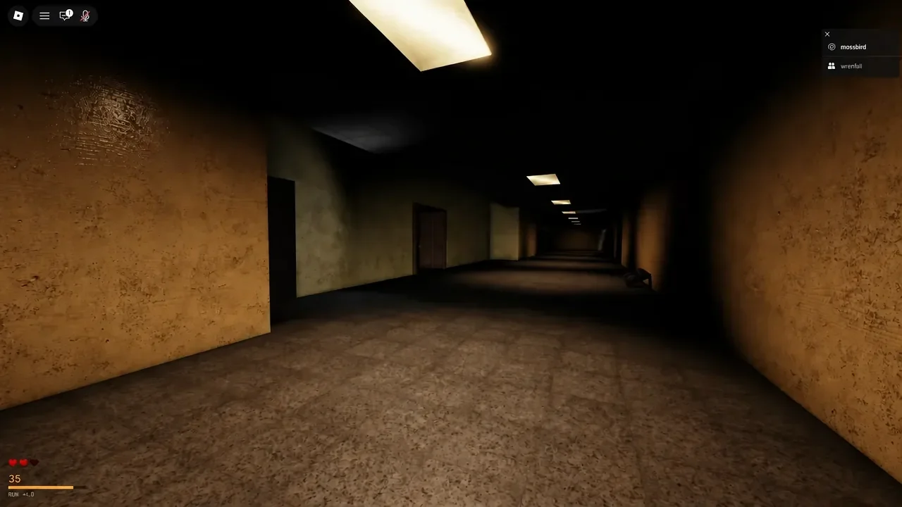 Player moving through a dim school hallway with teammates listed in the top-right corner