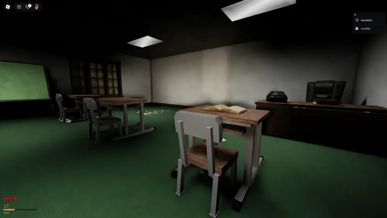 Classroom interior seen while searching, with the HUD and player list on screen