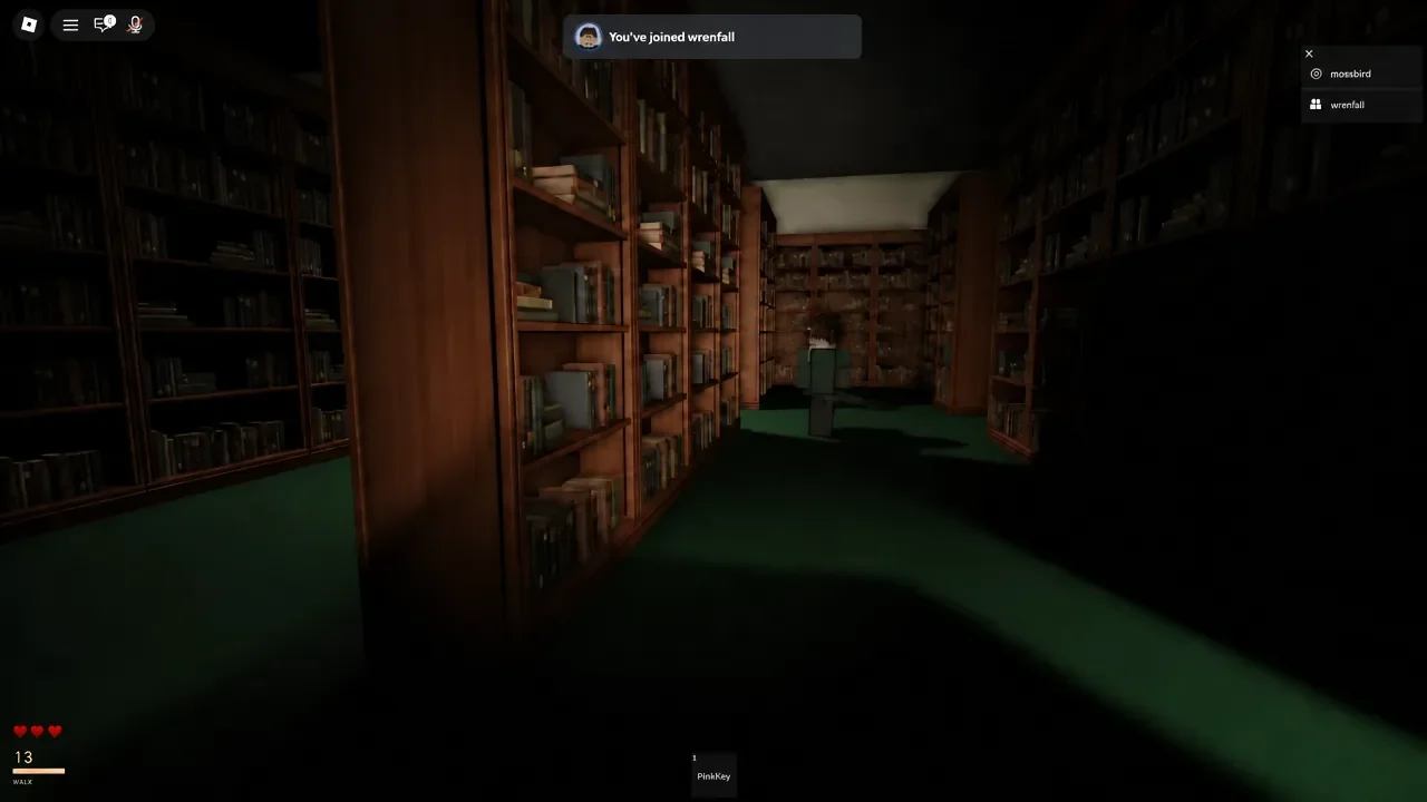 Two players crawling through a low wall gap into the dark library area of the School map