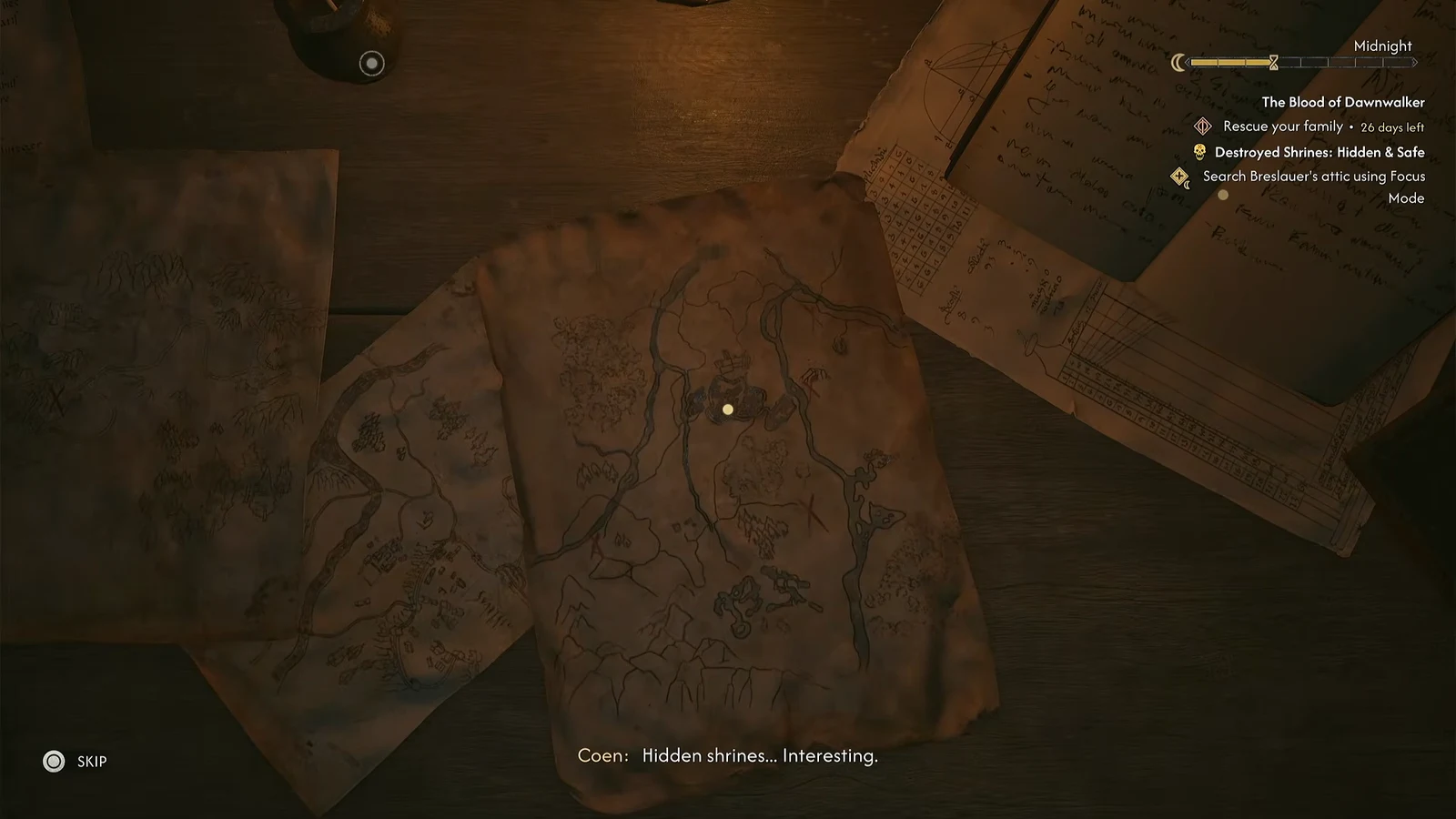 The world map open with a marked location while tracking the hidden shrines objective
