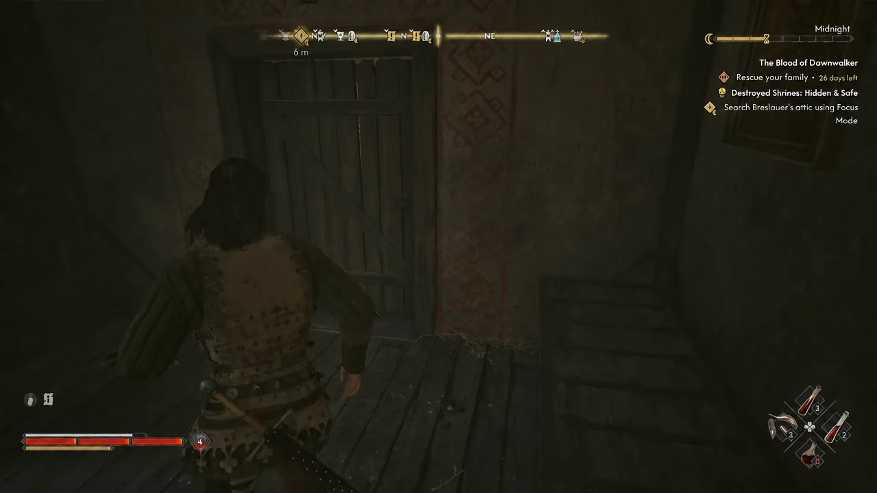 Coen approaching a wooden attic door with the objective tracker and weapon icons on screen