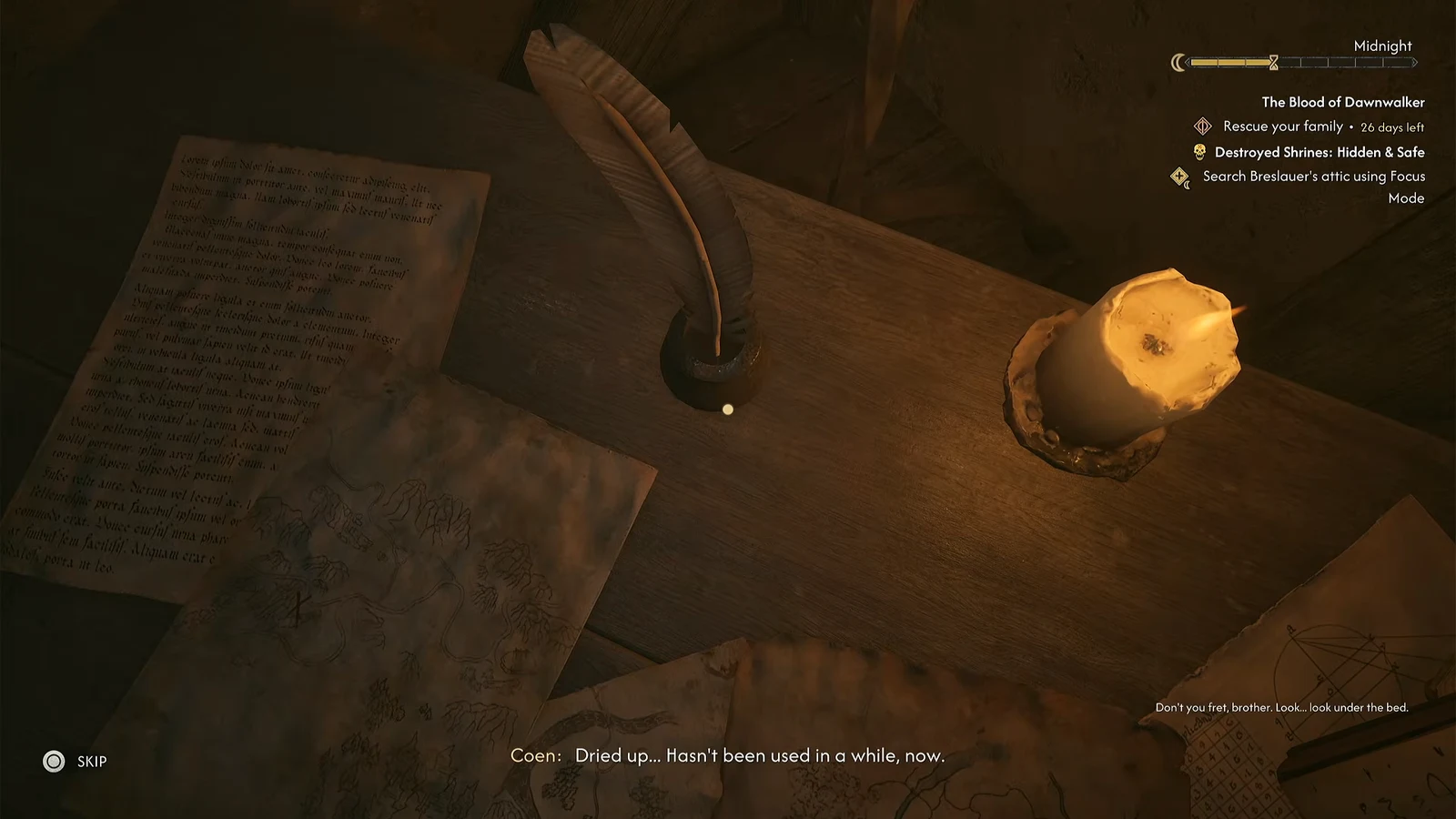 Coen speaking beside a quill and candle at the desk while the attic objective is displayed