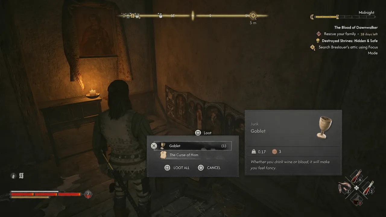 The loot menu open with the Goblet entry highlighted and its details shown