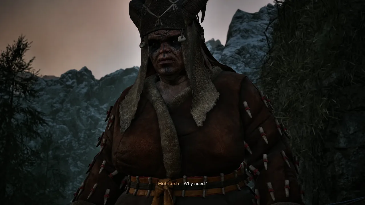 The Matriarch mid-conversation, questioning why Coen wants a blacksmith