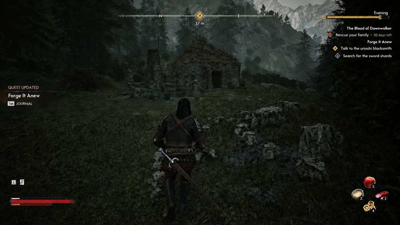 Coen approaching the blacksmith's stone dwelling as the Forge It Anew objective updates on screen