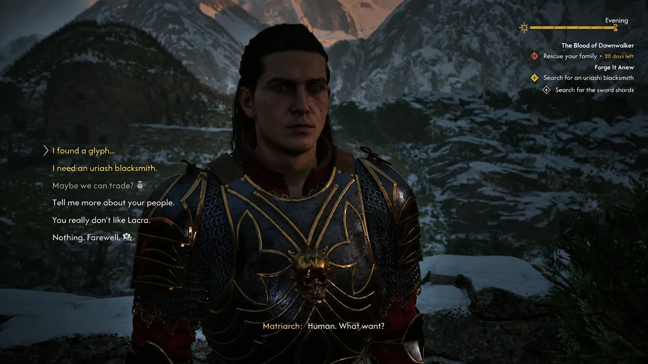 Dialogue wheel open in conversation, with the highlighted response ready to select