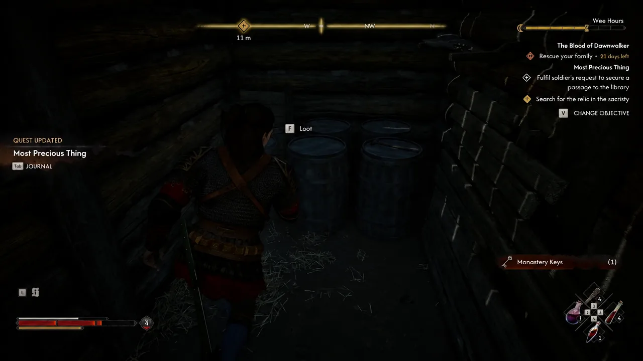 Loot prompt on screen as Coen searches barrels inside the shed during Most Precious Thing