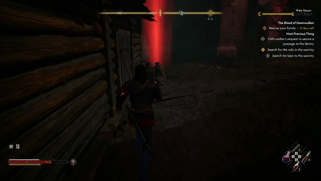 Quest tracker showing the sacristy objective as the player moves toward the red marker in the convent