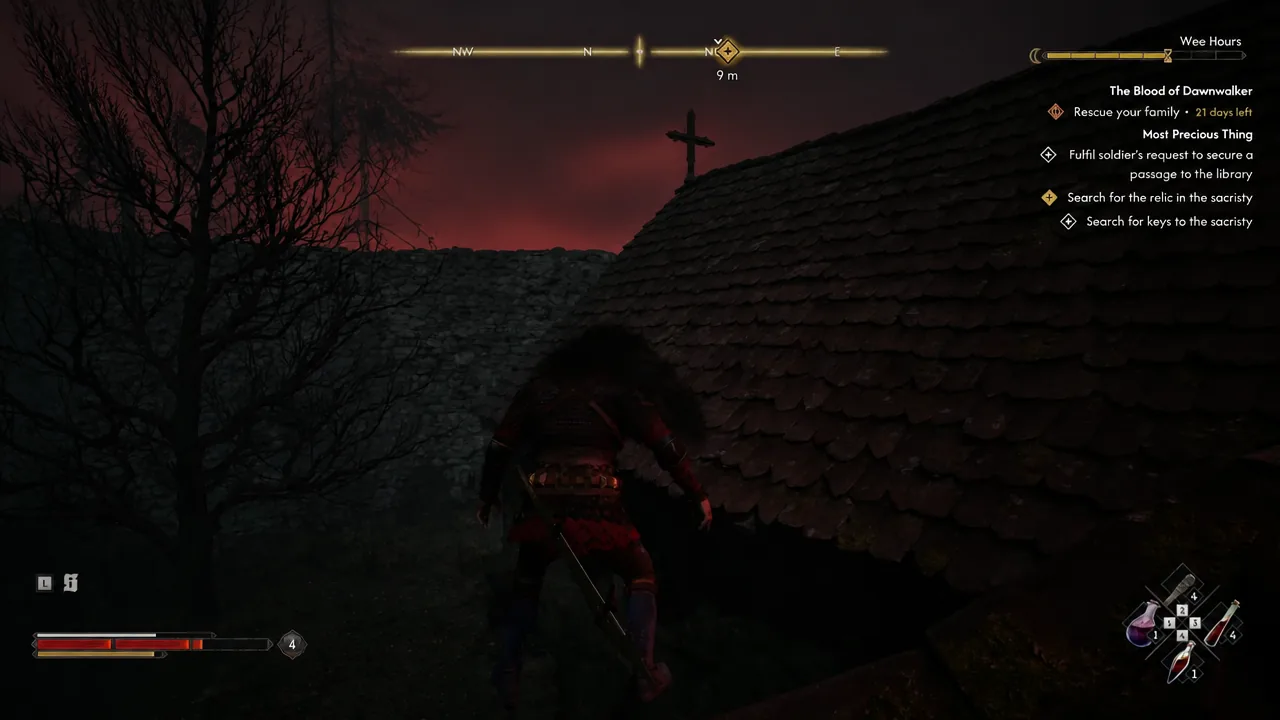 Coen crossing a convent rooftop with the sacristy relic objective tracked on screen