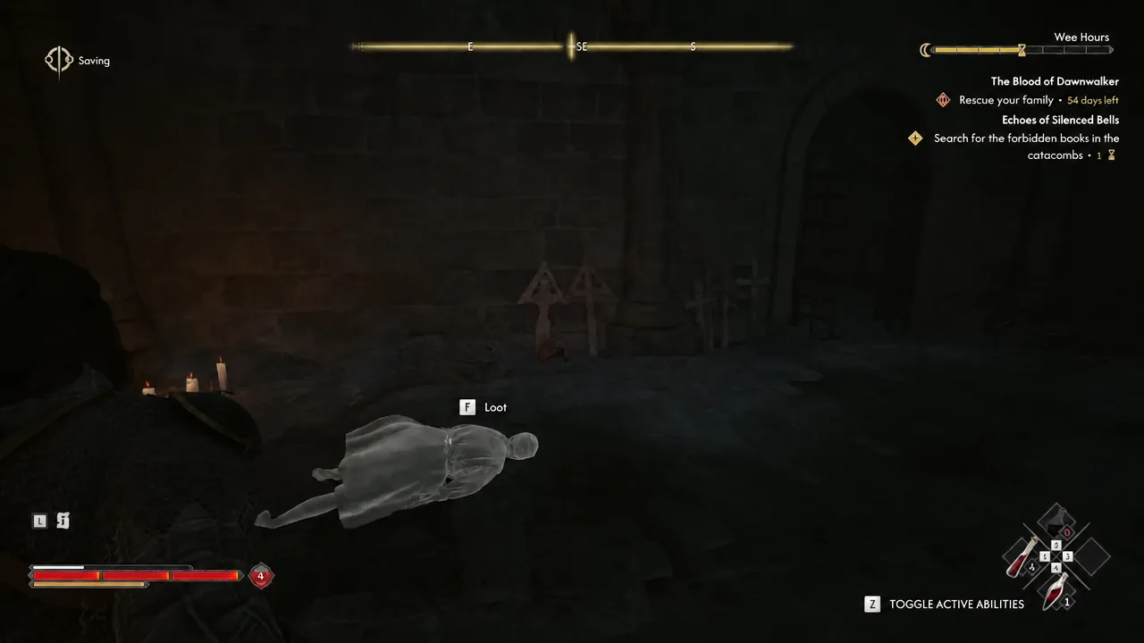 Loot prompt appearing over a fallen undead nun in the catacombs