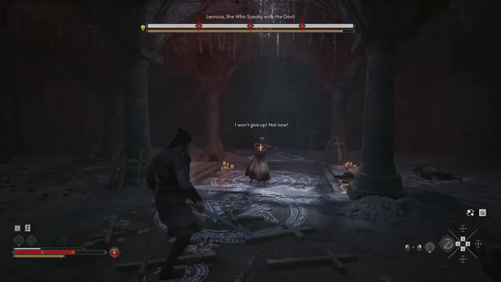 Boss fight against Leonica, She Who Speaks with the Devil, inside the candle-lit ritual chamber