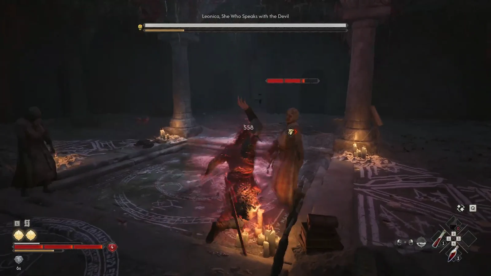 Player striking a summoned robed nun during the Leonica fight for 558 damage