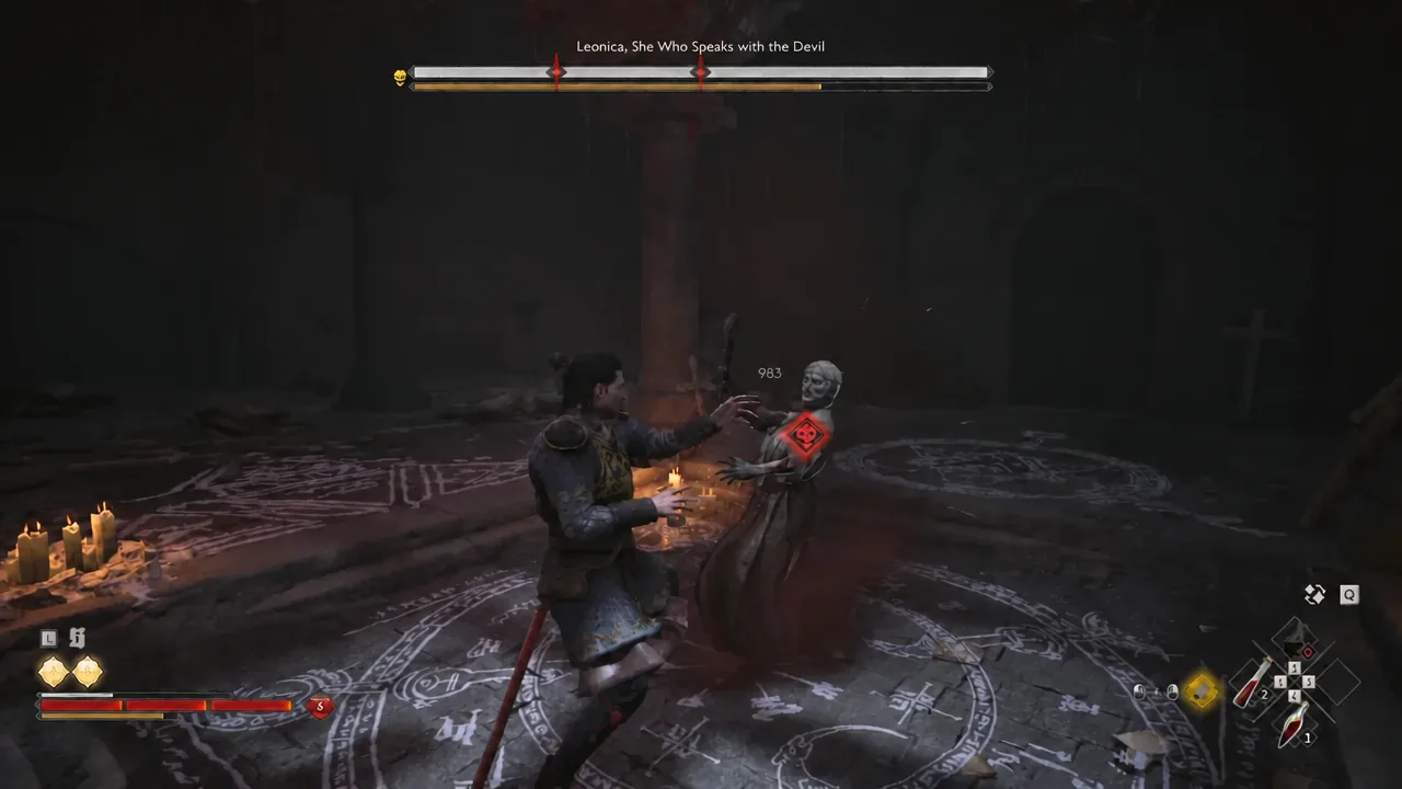 Leonica highlighted in red as the player lands a melee attack during the boss fight