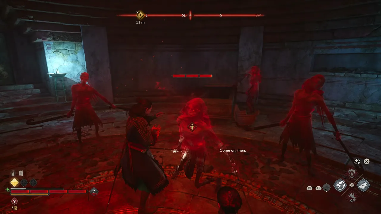 Coen locked onto a red-highlighted undead enemy while more enemies close in around him