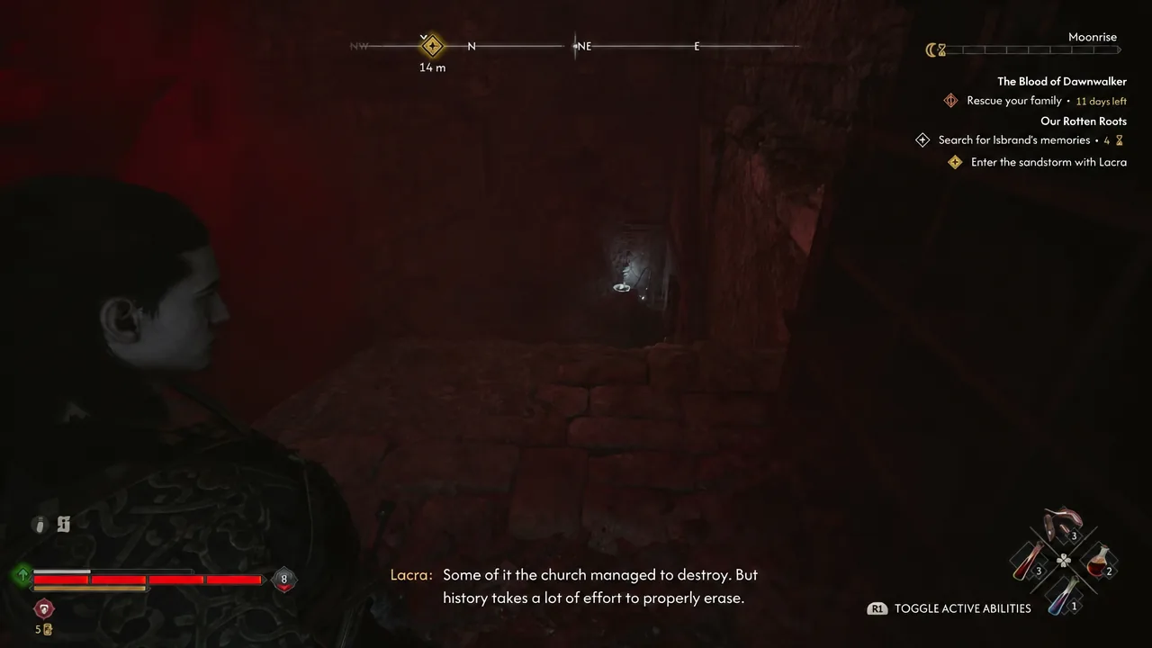 Compass objective marker showing 14 m to the next waypoint inside a dark stone passage